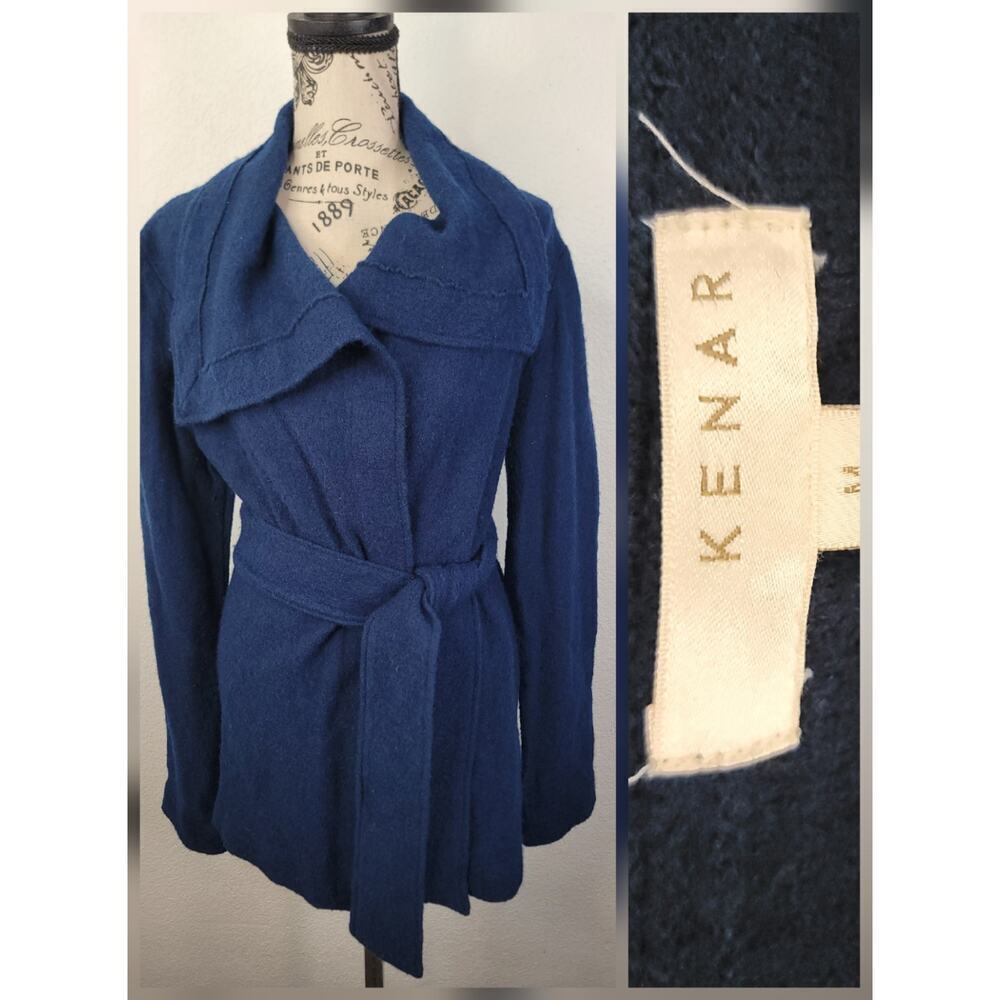 KENAR Cardigan Womens SZ M 100% Wool Open Front Sweater With Belt Navy Blue